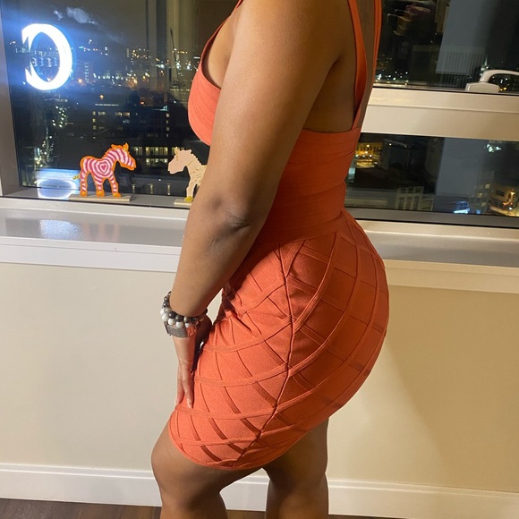 Burnt Orange Cross Neck Bandage Dress - Picture 11 of 11